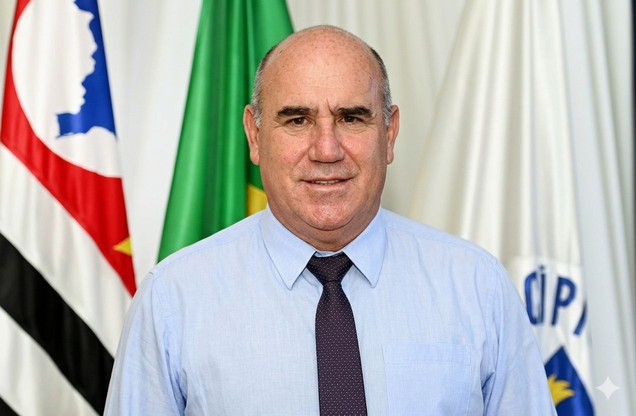 O secretário de Relações Institucionais Marcos José Lena com bandeiras ao fundo