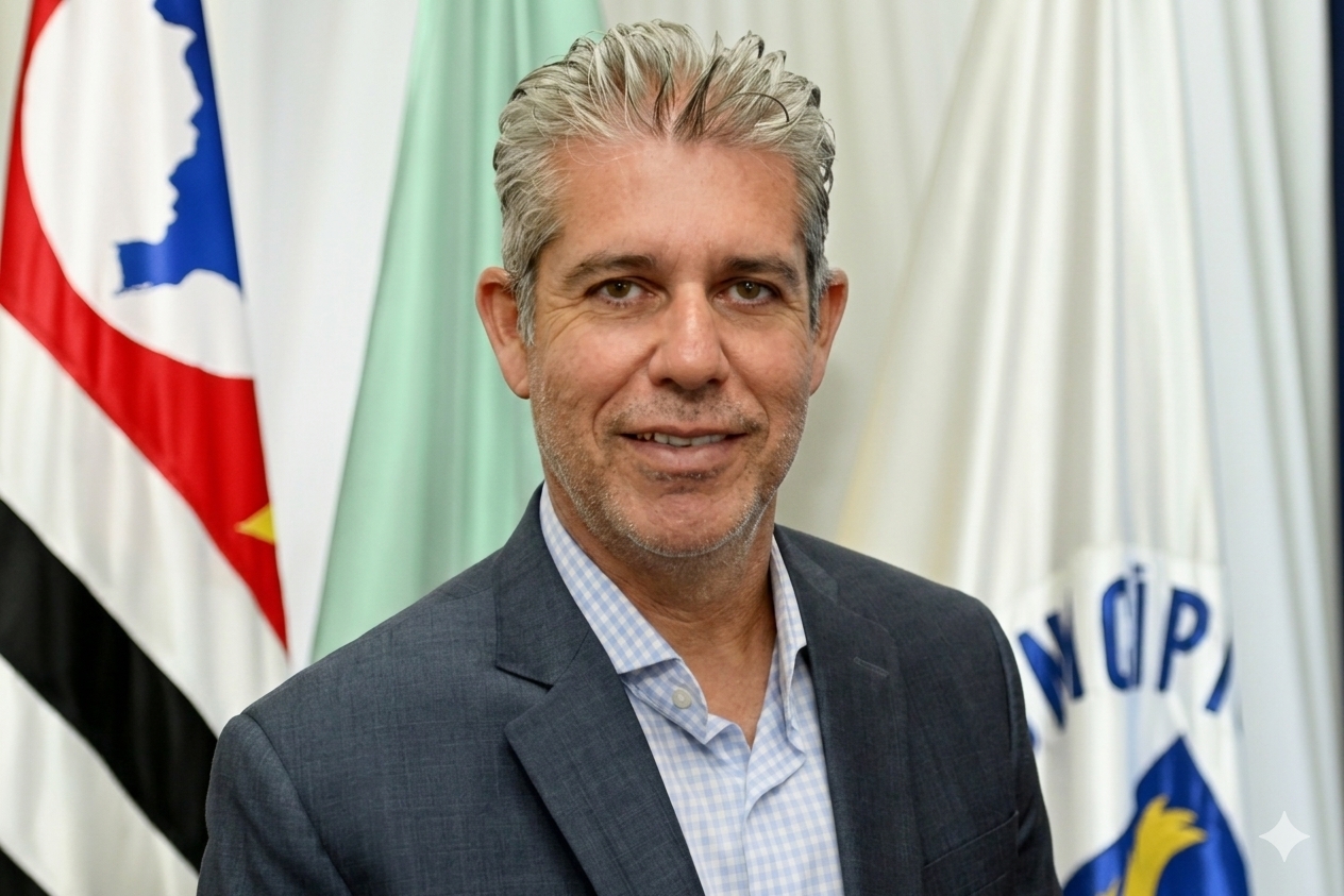 O secretário de Habitação Eduardo Magoga com bandeiras ao fundo