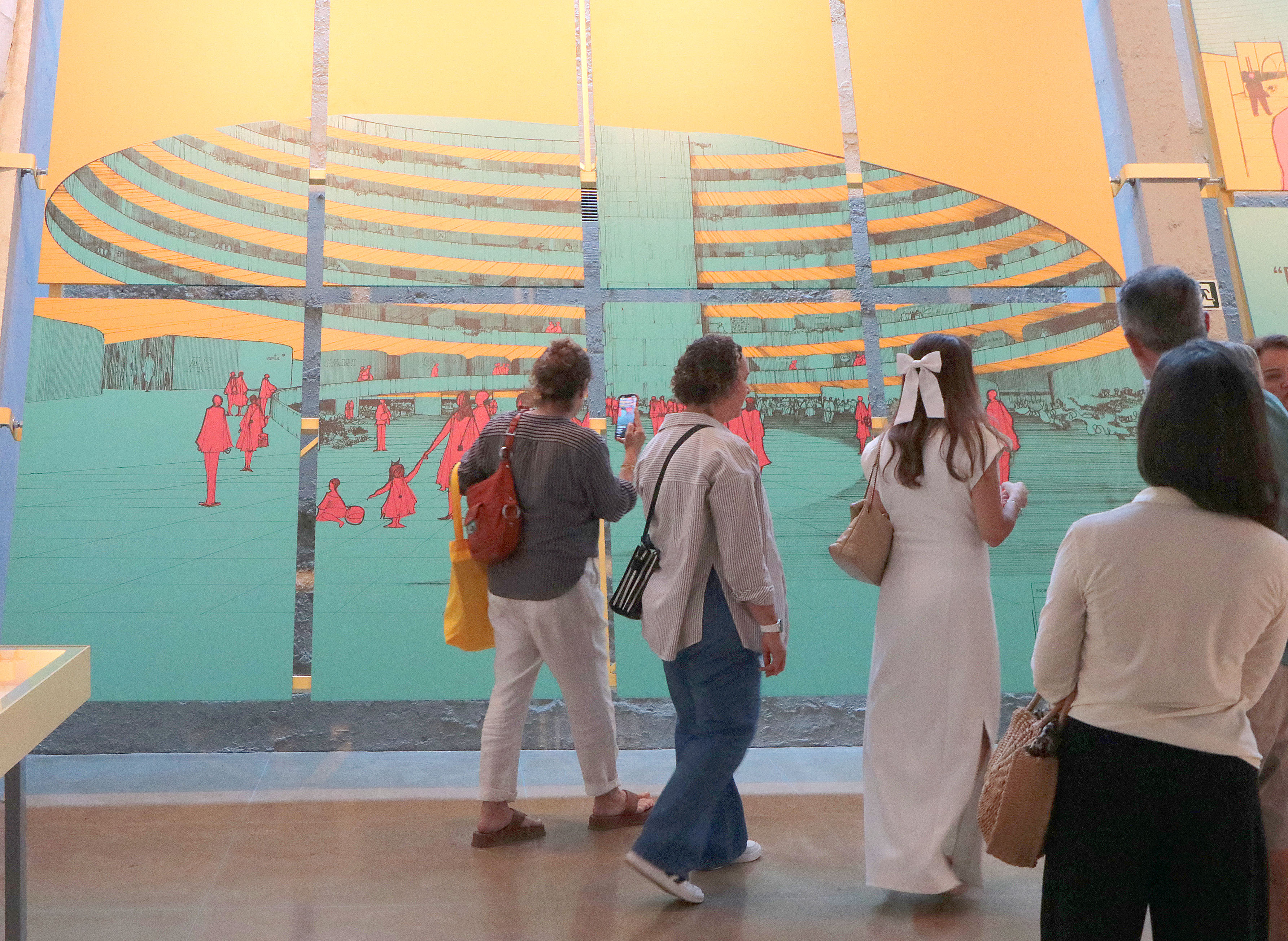 Ilustração em grande formato recria a experiência de uso dos espaços projetados pelo arquiteto, reforçando a dimensão humana e coletiva de sua obra