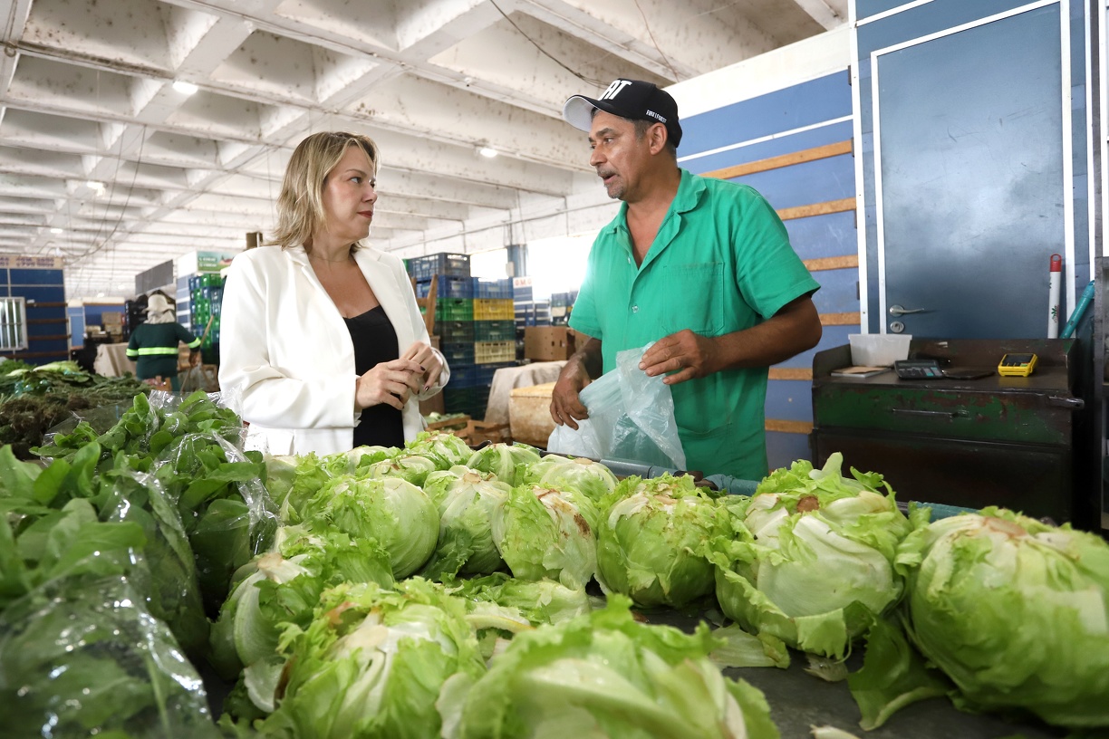 Walquyria Majeveski conversa com trabalhador da Ceasa