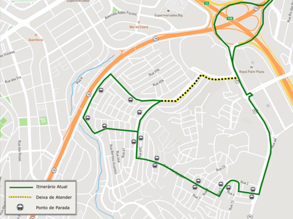 Mapa mostra alterações no itinerário da Linha 415