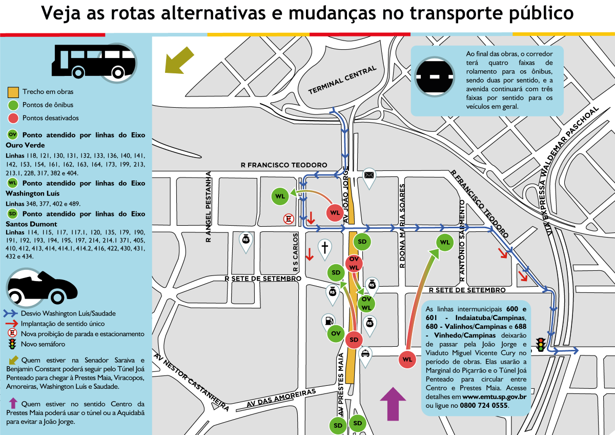 Mapa mostra linhas impactadas, alterações nos pontos de ônibus e rotas alternativas 