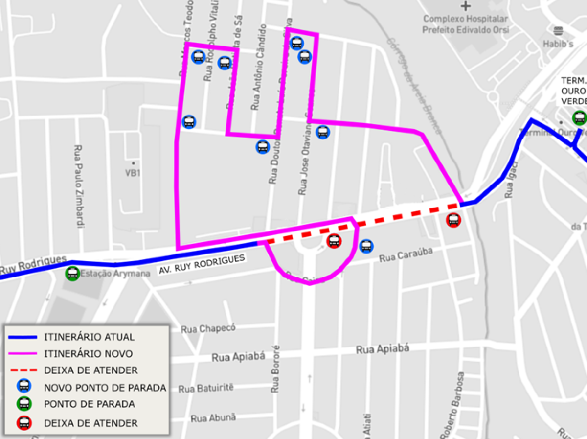 Mapa mostra alterações na linha 101 - Parque Universitário