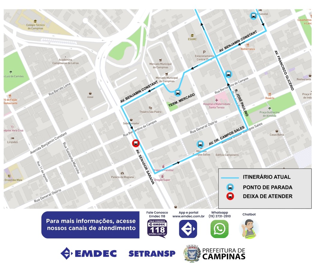 Mapa mostra os pontos atendidos pelas linhas 311 e 312 no Centro