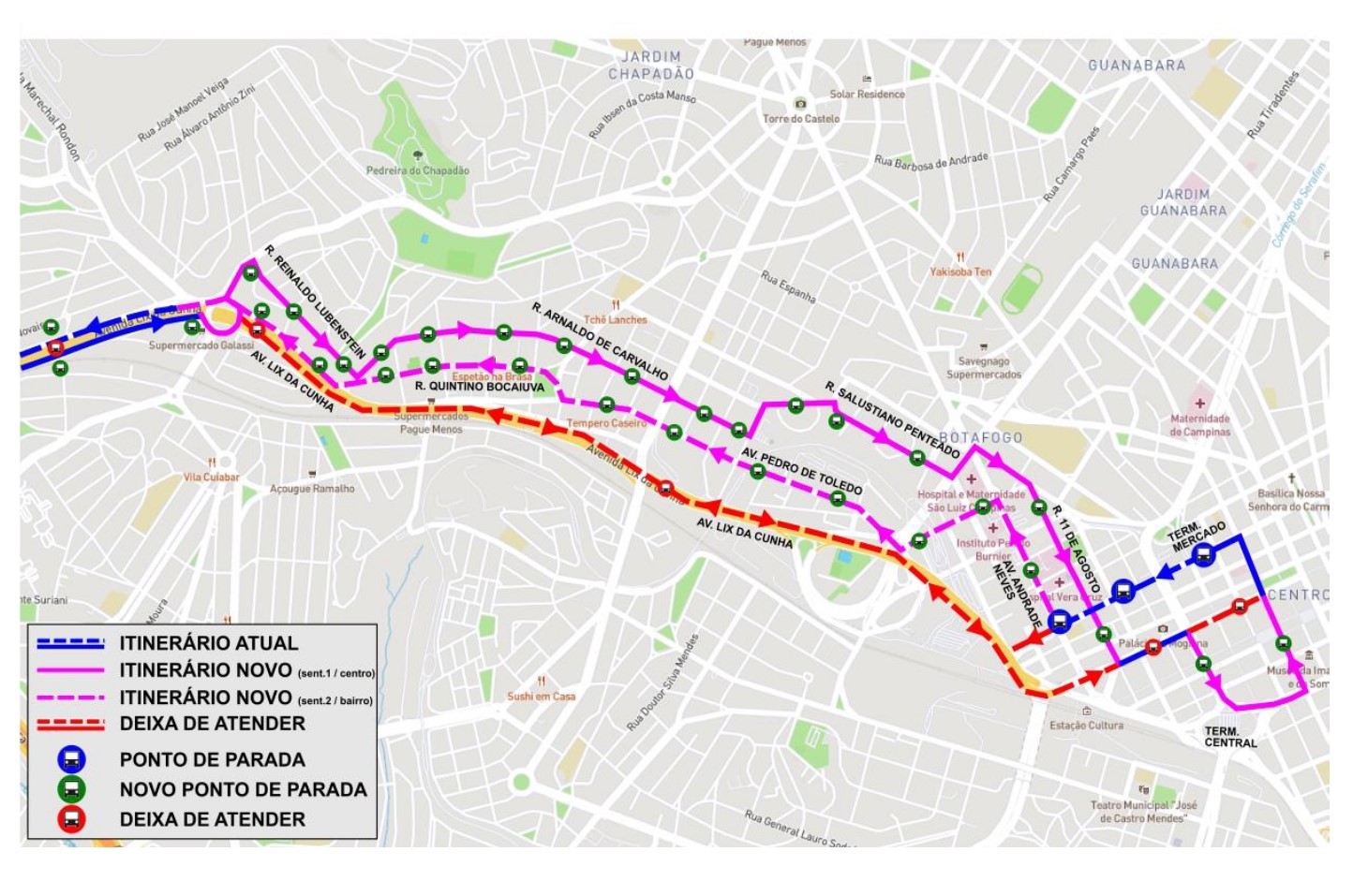 Confira, no mapa, as vias que compõem o novo trajeto e vão receber as paradas