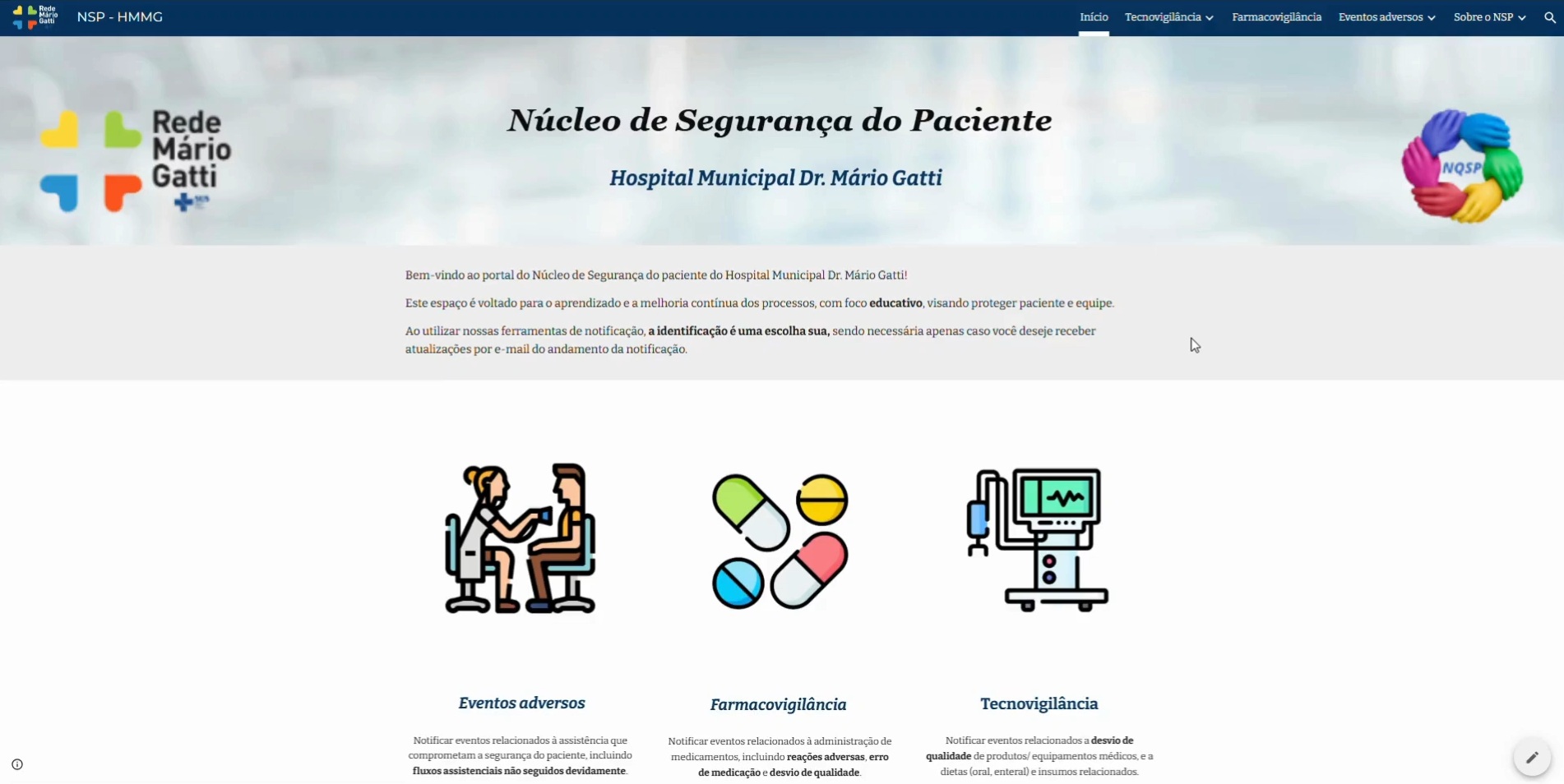 Página inicial do portal do Núcleo de Segurança do Paciente da Rede Mário Gatti