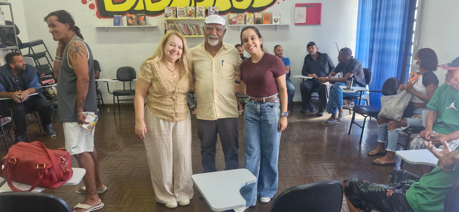 Da esquerda para a direita: Maria Aparecida Teixeira Régis, coordenadora do Centro POP Sares II, Matusalém Paracelso Silva e a nutricionista Allana Franklim Felippe do Carmo