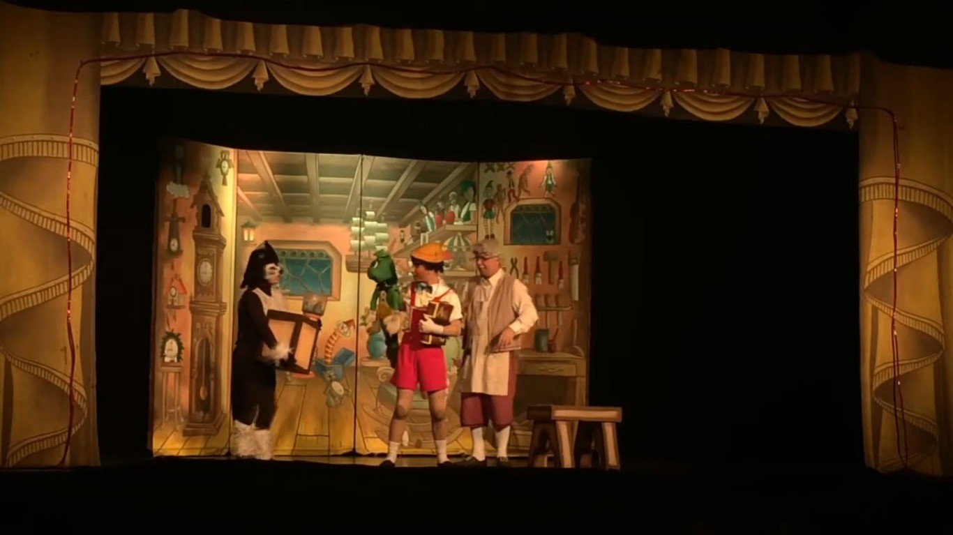 Cena da montagem de Pinóquio da Companhia de Teatro Sia Santa, que reúne todos os personagens originais e sete cenários