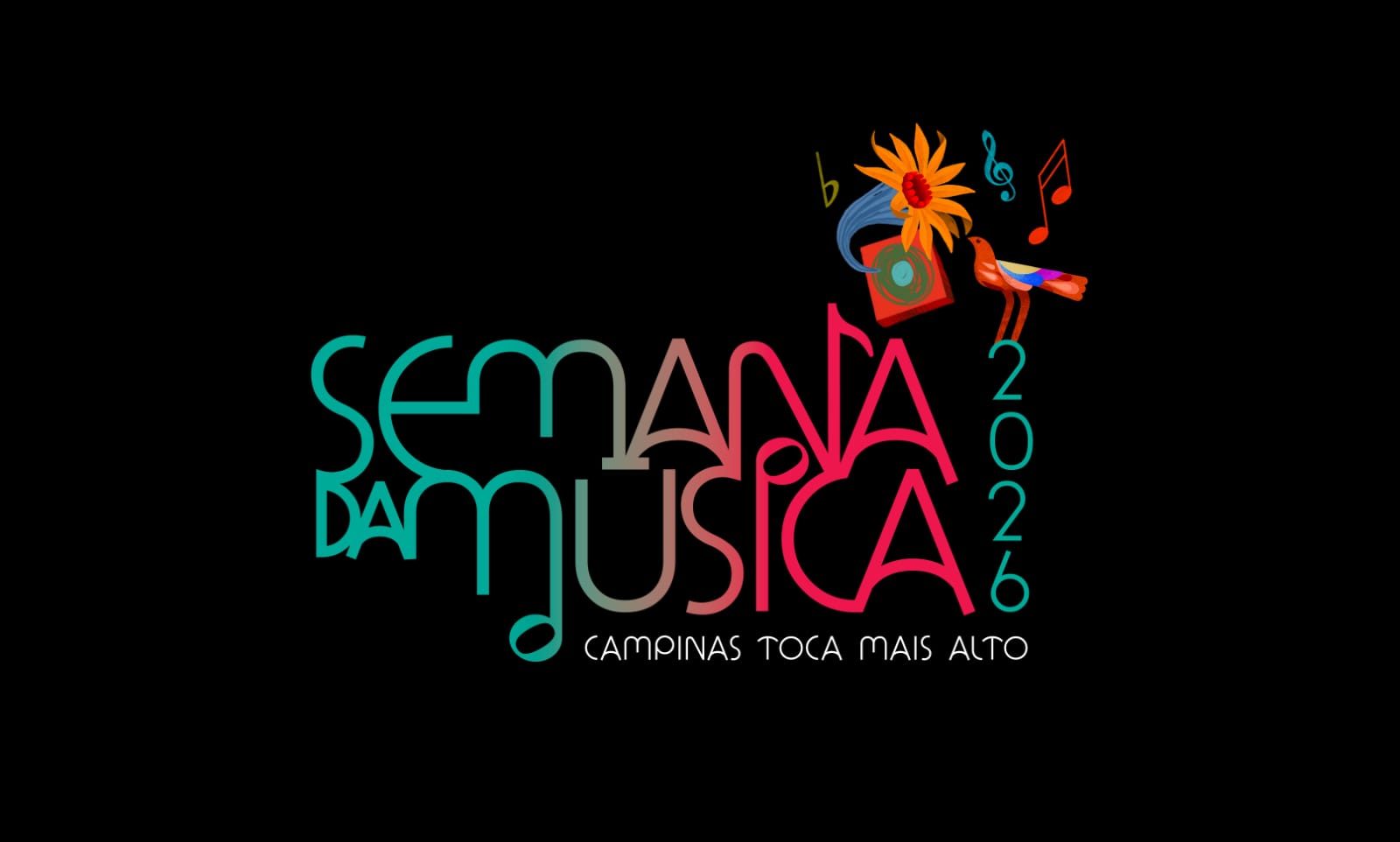 Formas dinâmicas, cores vibrantes e referências ao universo musical caracterizam a identidade visual da Semana da Música 2026