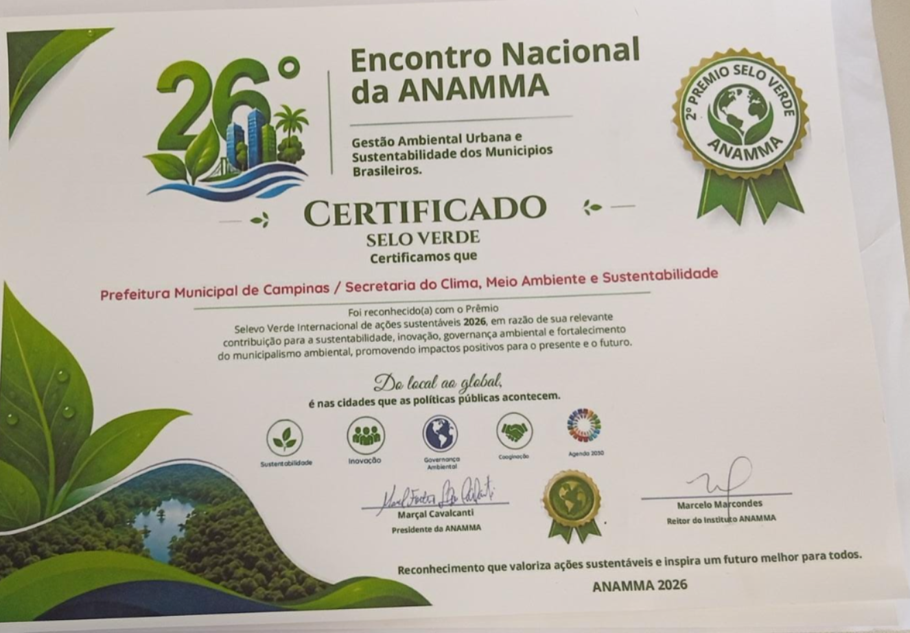 Campinas se destacou ao receber o prêmio Selo Verde pela condução de suas ações Climáticas 