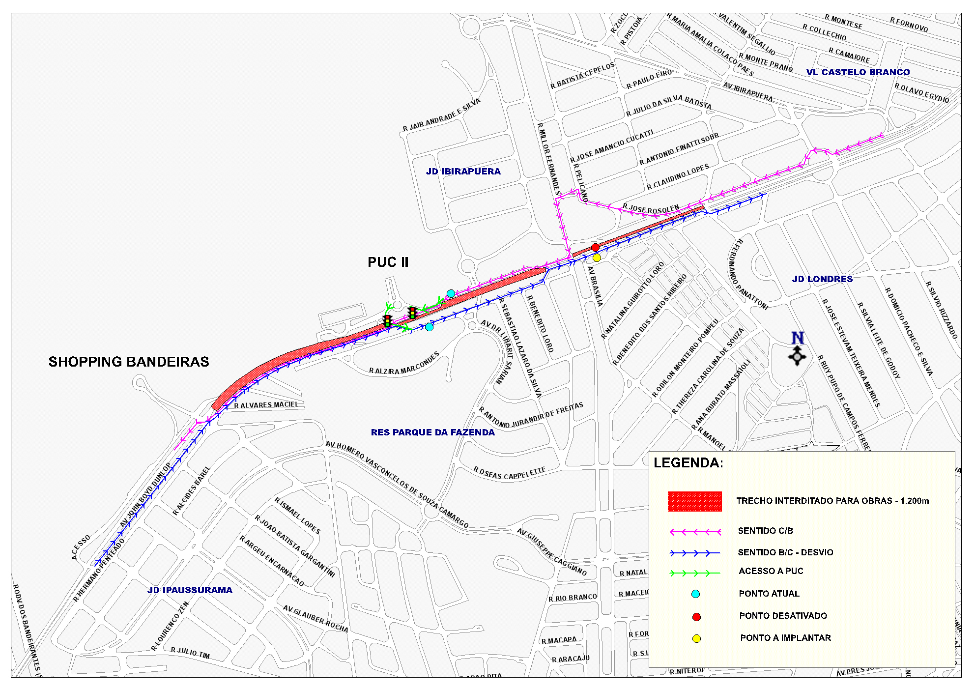 Mapa mostra trajeto das obras e desvios temporários