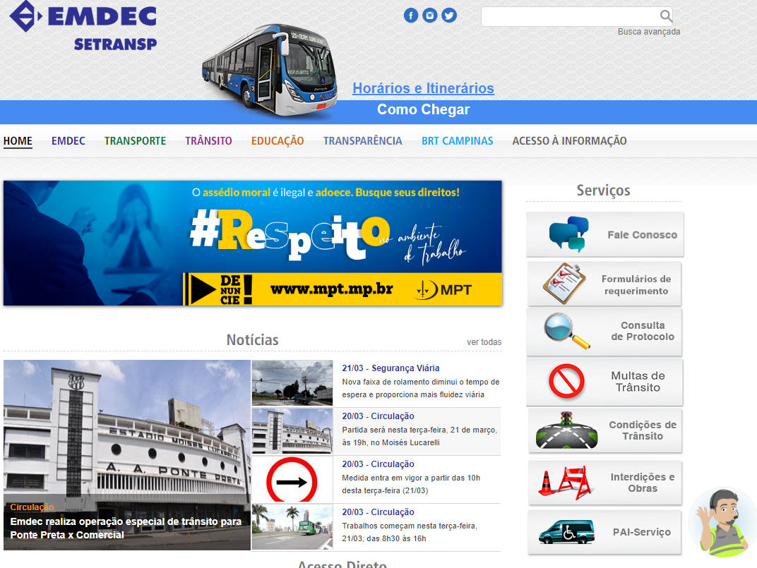 Ícone do chatbot está representado por um Agente da Mobilidade Urbana, no canto inferior direito do site da Emdec