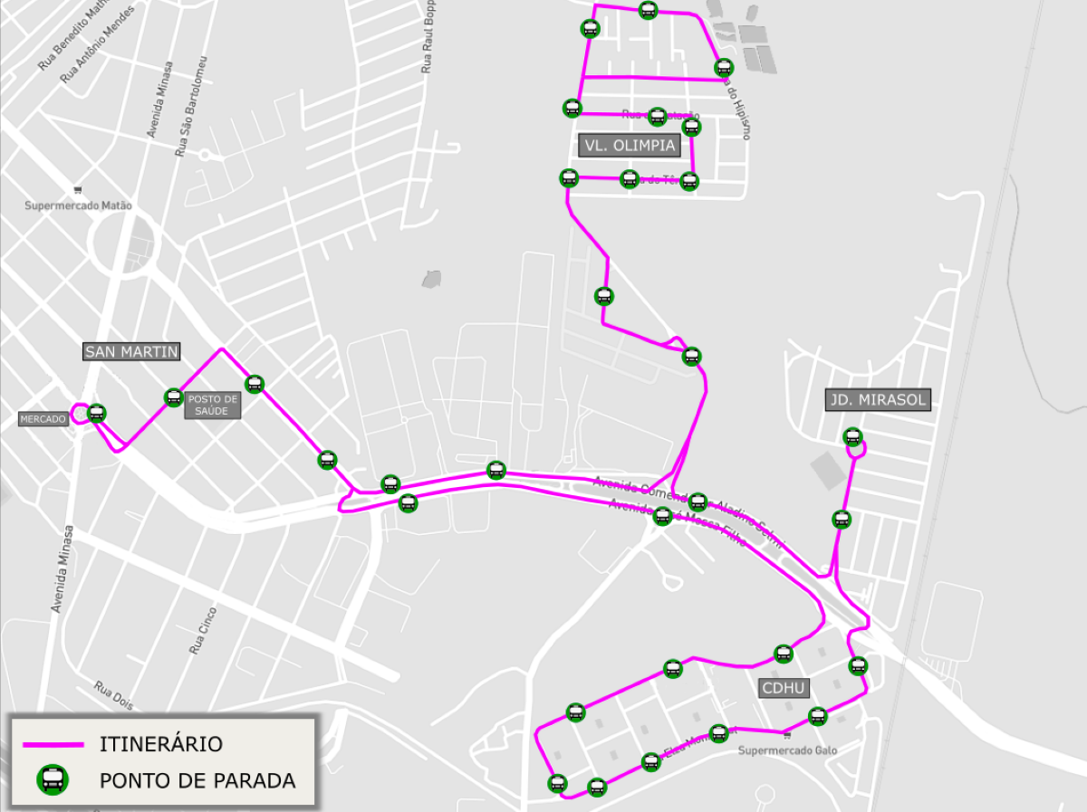 Mapa mostra itinerário a ser percorrido pela Linha 315 - San Martin / CDHU Amarais