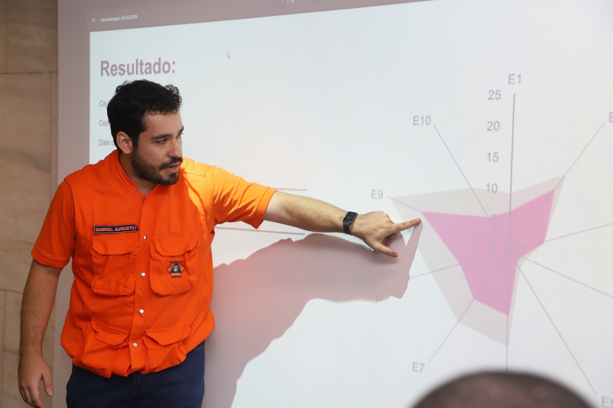 O agente da Defesa Civil Gabriel Augusto Novo Freitas apresentou os resultados dos esforços de Campinas e região para ampliar a resiliência a desastres 