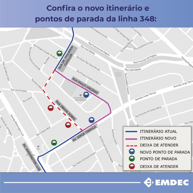 Mapa traz as alterações da linha 348 - Vila Marieta/Cidade Judiciária