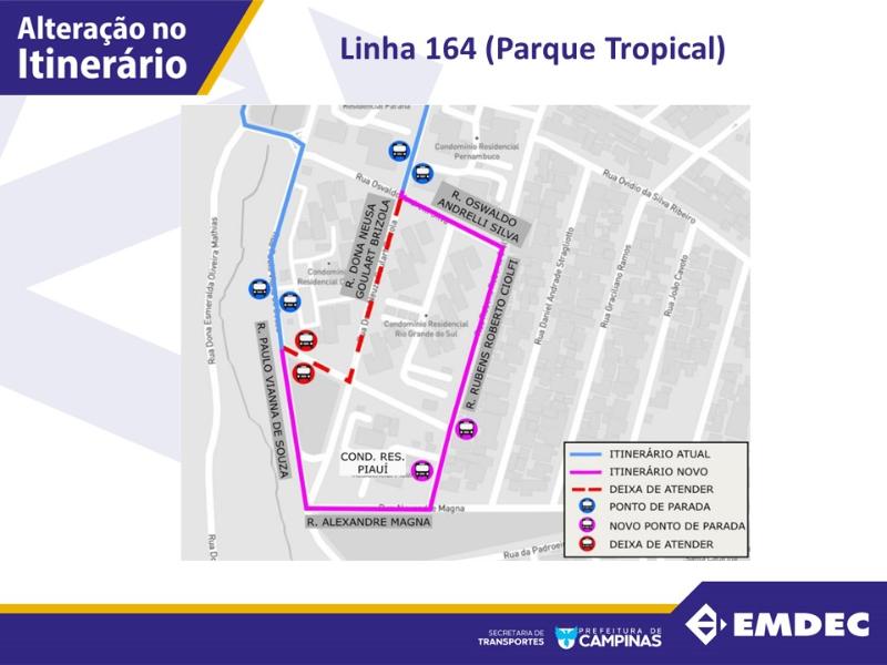 A 164 atenderá a um ponto de parada por sentido junto ao condomínio, na rua Rubens Roberto Ciolfi