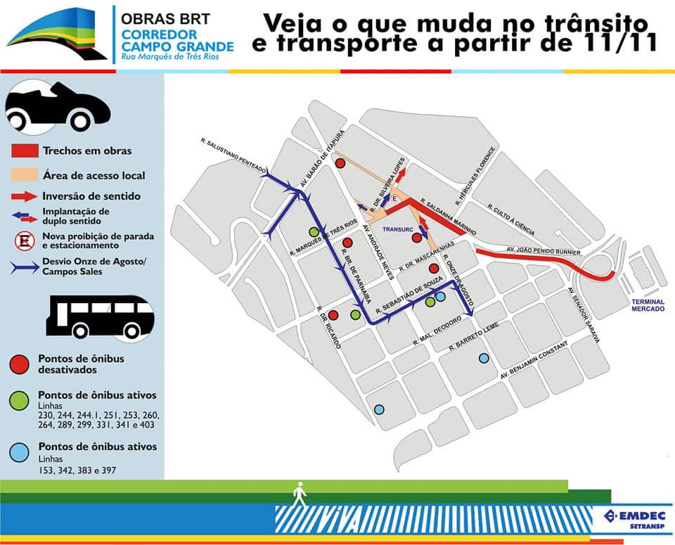 Mapa mostra a nova dinâmica de circulação na região e os pontos de ônibus impactados