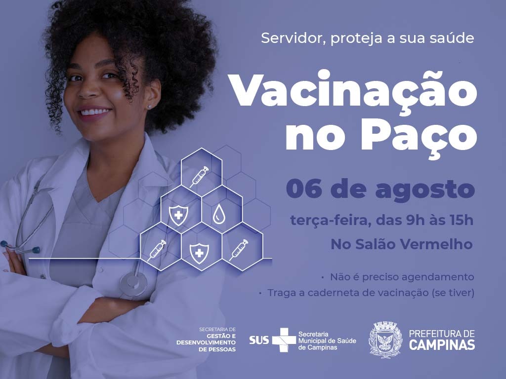 Serão ofertadas todas as vacinas do calendário adulto: dT (difteria e tétano), hepatite B, SCR (sarampo, caxumba e rubéola), febre amarela, influenza e COVID (para os grupos prioritários)