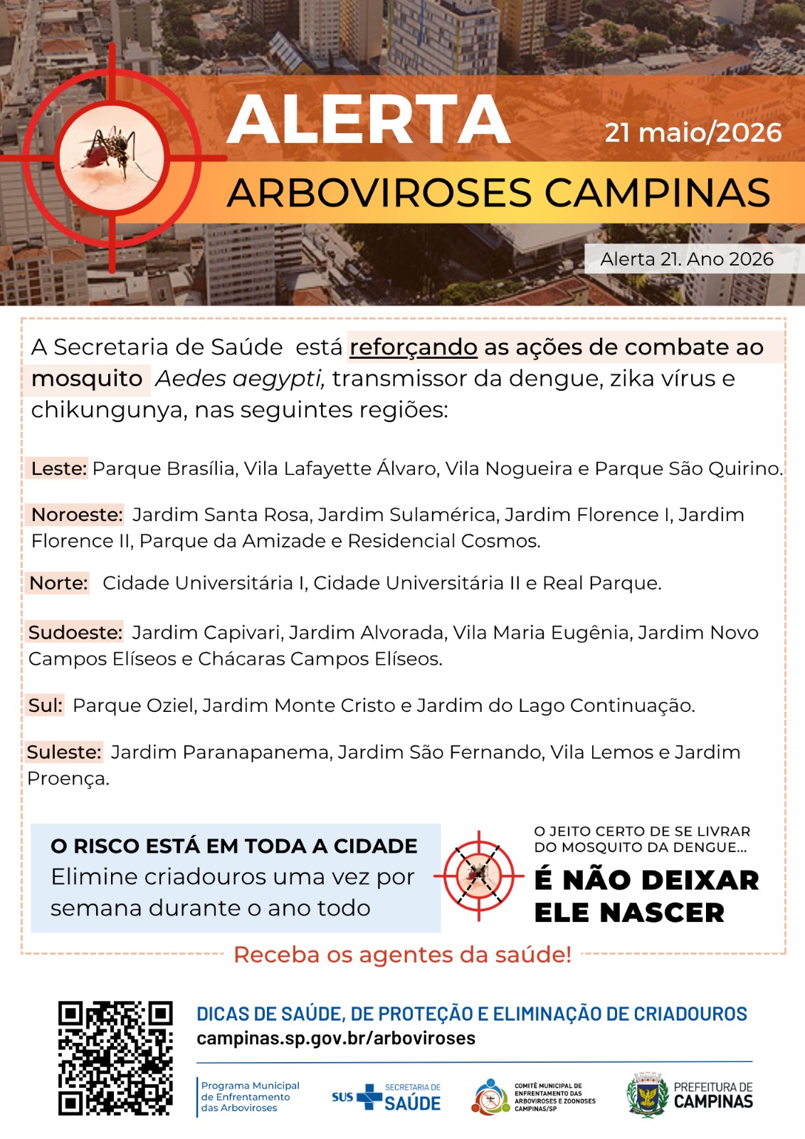 Foto: Alerta é o 21º publicado em 2026 pela Secretaria de Saúde | Crédito: Divulgação 21º Alerta Arboviroses Campinas
