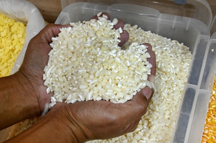mão da vendedora pegando um punhado de canjica crua da embalagem 